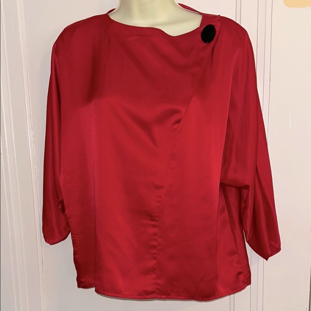 Vintage 80s San Andre Red Satin Women's polyester blouse with 3/4 sleeves